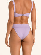 Side profile of Ocean Mystery lilac high leg bikini bottom with sculpting fit.