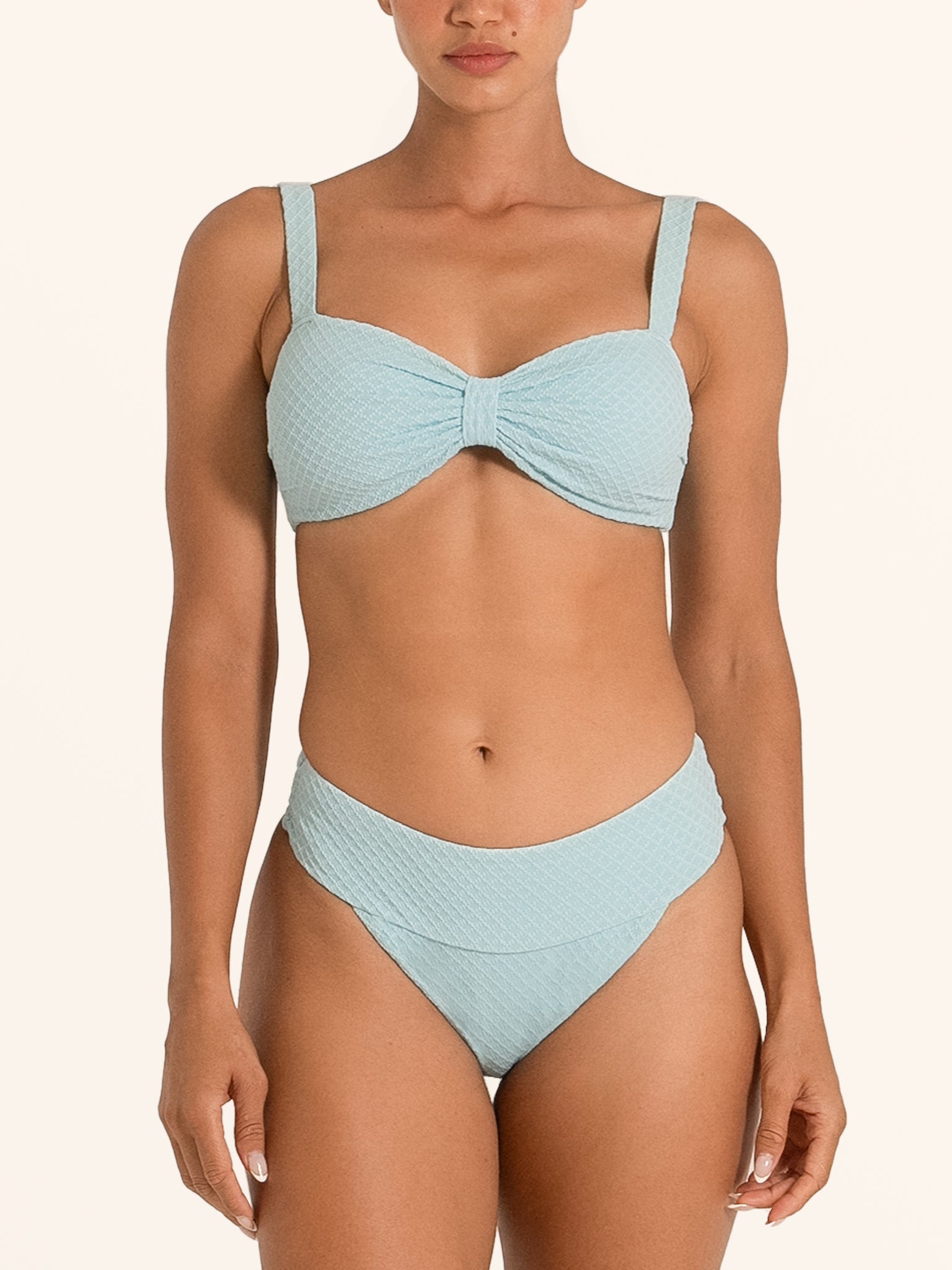 Ocean Mystery light blue textured bikini bottom with sculpting high waist style.