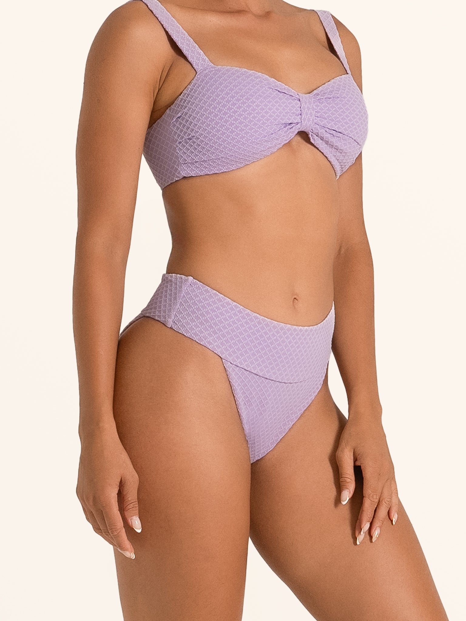 Ocean Mystery lilac textured bikini bottom with flattering high waist design.