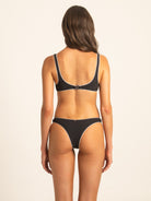 Rear view of the high-cut Onyx black ribbed bikini bottoms, providing a detailed look at the premium texture and stay-put full contour coverage.