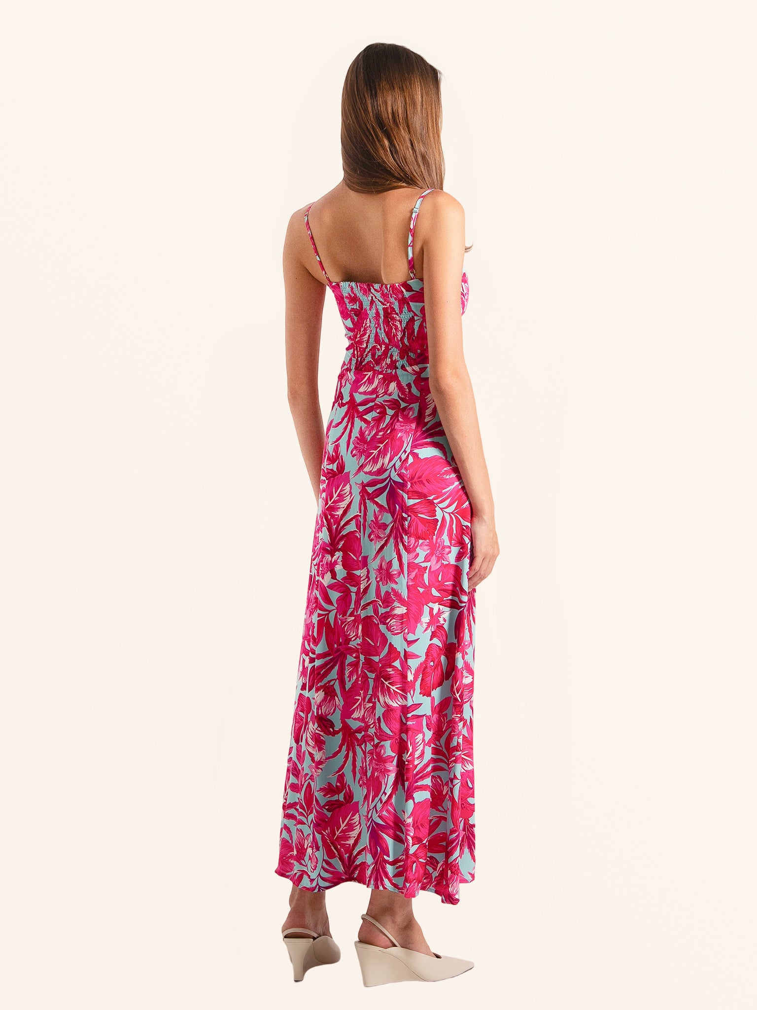 Back view of pink floral maxi dress with slim adjustable straps