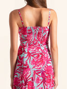Rear closeup detail of pink floral maxi dress with printed pattern