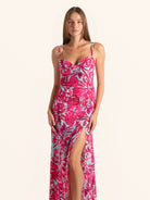 Front view of pink floral maxi dress with sweetheart neckline