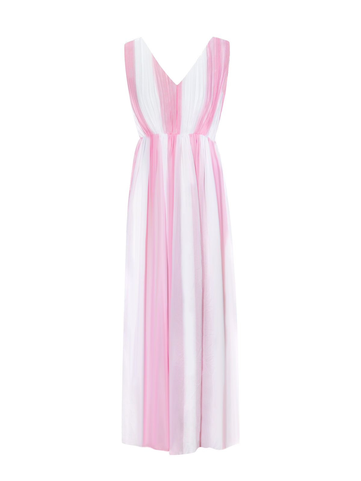 Pink and white striped sleeveless V-neck high-waist dress