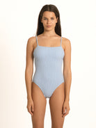 Straight-on front view of the Powder Blue Gingham Square Neck Swimsuit, highlighting the vintage-inspired neckline and premium textured fabric.