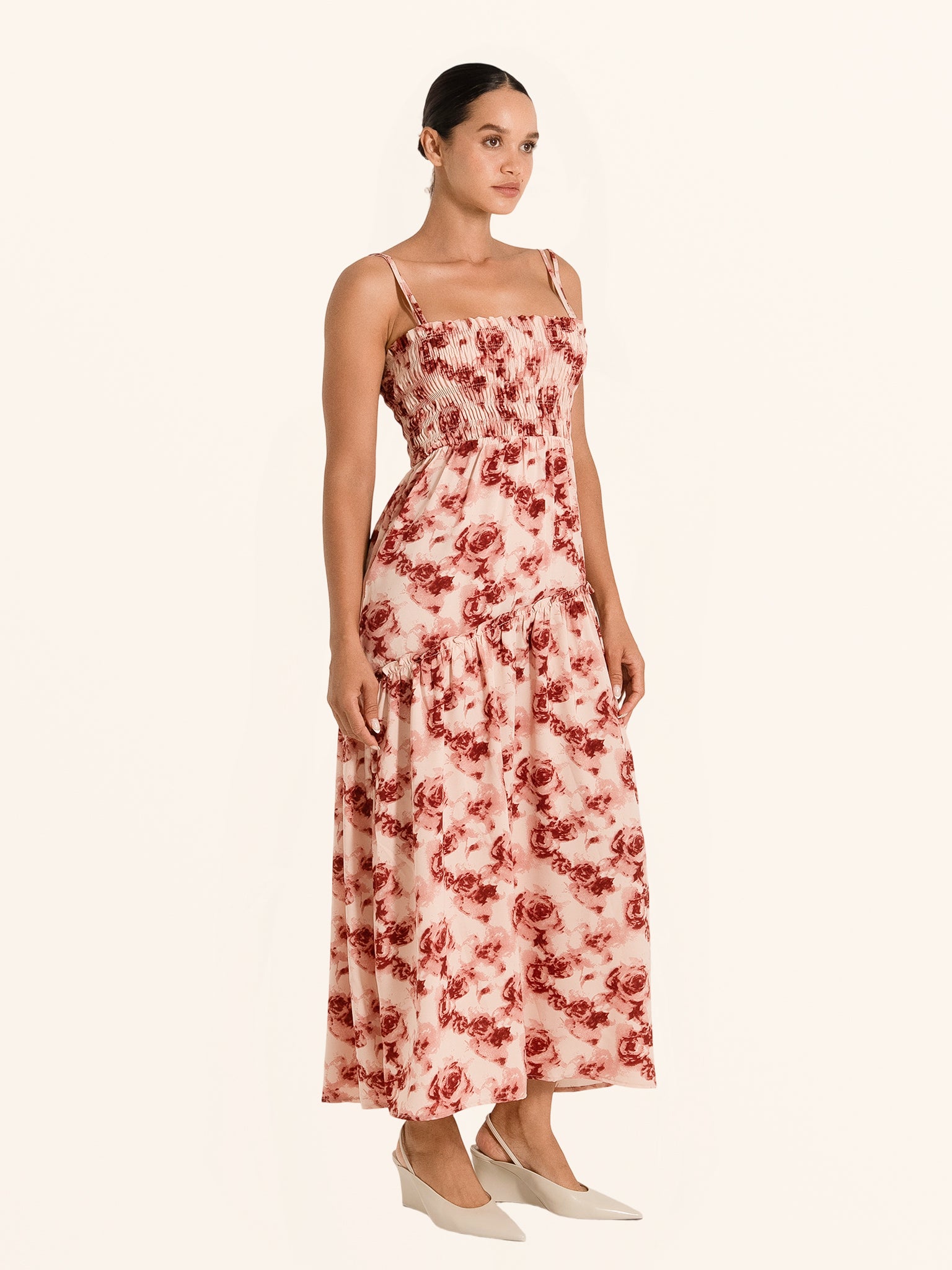 Full length front view of red floral maxi dress with summer floral print