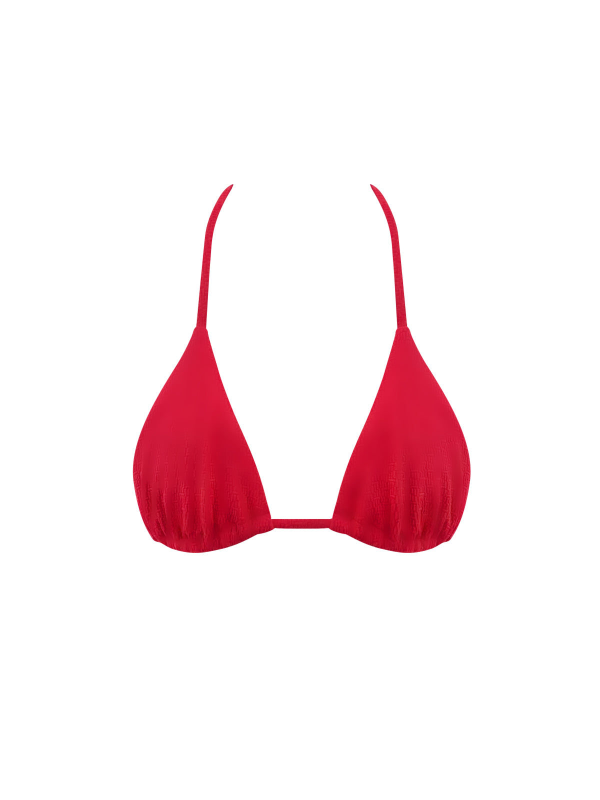 Red halter tie bikini top with adjustable cups for women.