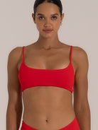 Front close-up of red scoop bikini top with slim shoulder straps
