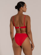 Back view of red scoop neck bikini top with adjustable straps