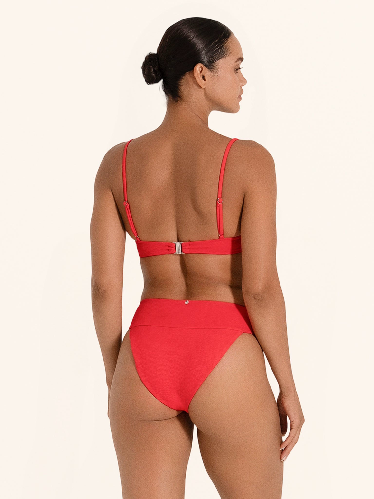 Red square neck bikini top with adjustable straps.