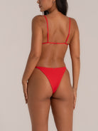 Back view of red string bikini with cheeky thong cut and adjustable straps