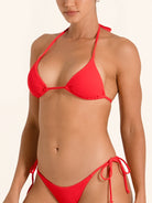 Minimal coverage red string bikini top with classic tie design.