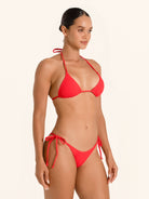 Classic red bikini top with tie neck and tie back for a custom fit.