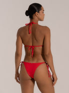 Back view of red triangle bikini top with adjustable halter and back ties