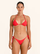 Red triangle bikini top with halter tie and adjustable back straps.