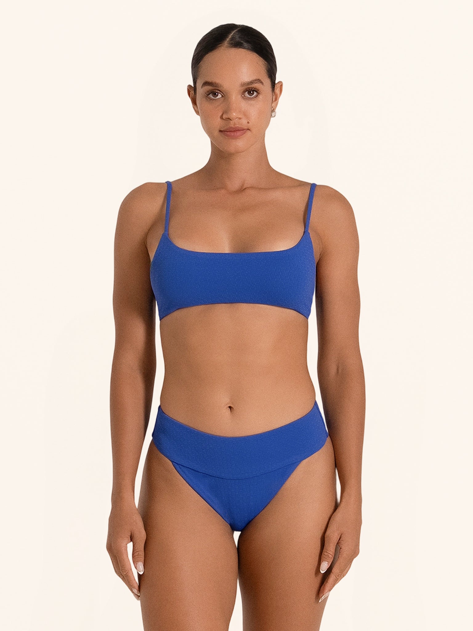 Royal blue bikini top with sporty square neckline.