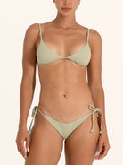 Sage green tie side bikini bottom with adjustable string ties.