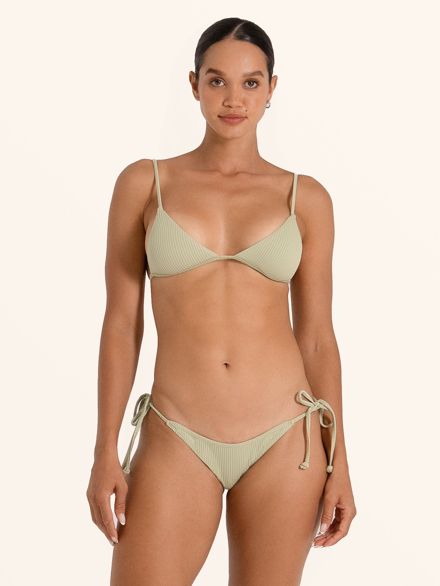 Sage green triangle bikini top with halter ties and adjustable fit.