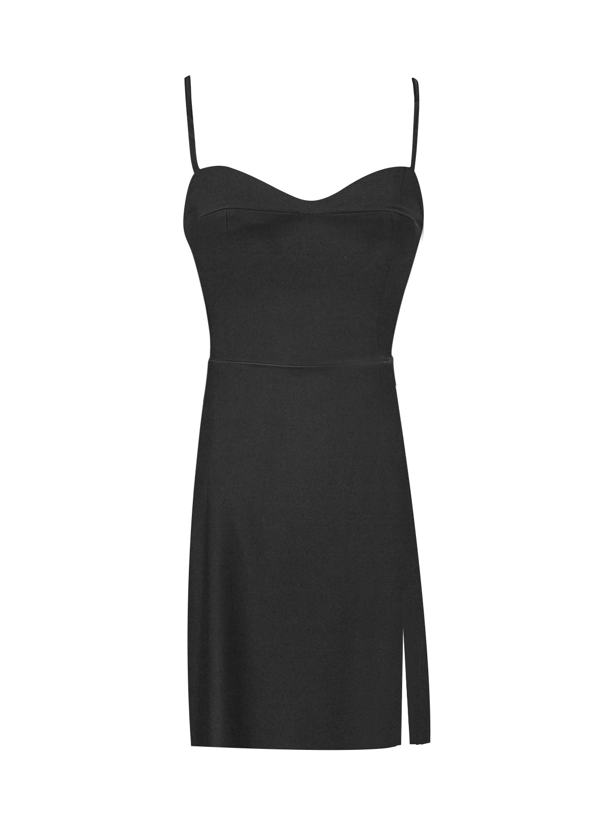 Sexy black slit mini dress featuring a sweetheart neckline and delicate spaghetti straps