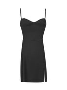 Sexy black slit mini dress featuring a sweetheart neckline and delicate spaghetti straps