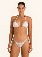 Front view of shimmer silver triangle bikini top with halter tie and metallic shine.