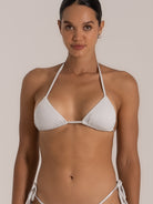Close-up front view of silver triangle bikini top with shimmer texture