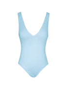 Sky blue V-neck backless one-piece swimsuit with high coverage