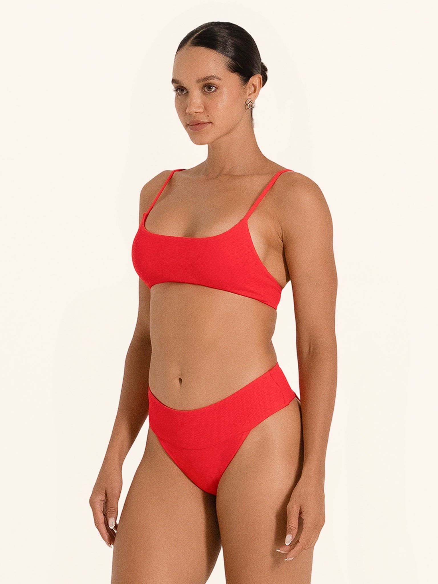 Sporty style red bikini top for beach and swim.