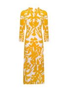 Stand-collar yellow and white printed long-sleeve maxi dress