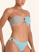 Strapless blue and grey bikini top with unique ring centerpiece.