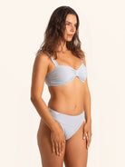 Striped grey blue bikini bottom with high rise waistline.