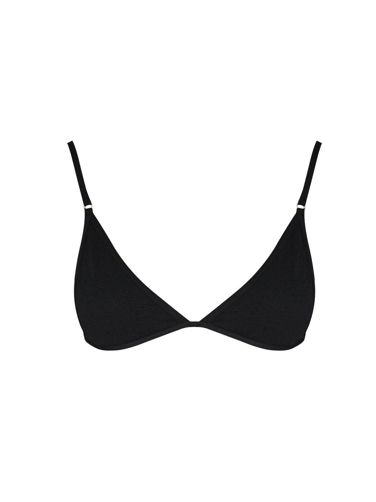 Black textured bikini top with adjustable straps, perfect for beach or pool.