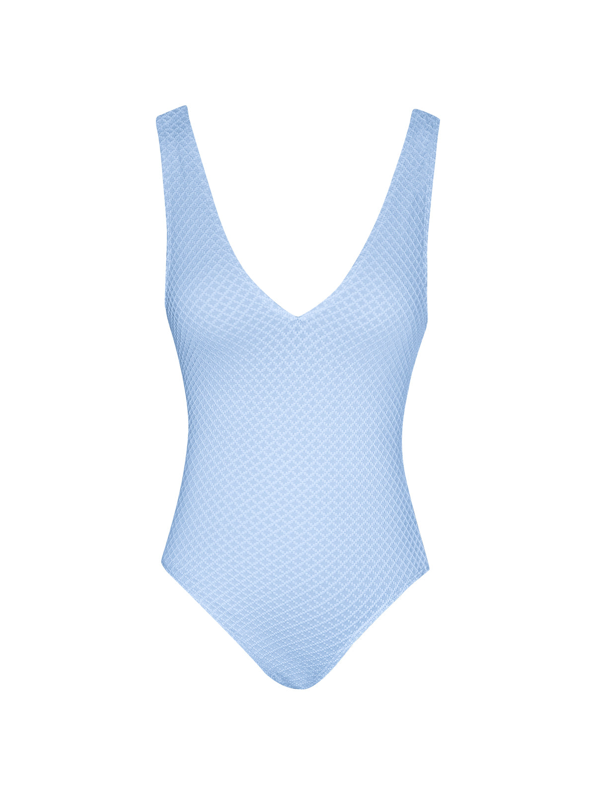 Stylish blue one-piece swimsuit with high coverage and a deep V-neck