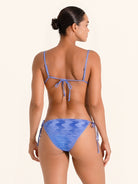 Stylish blue swimwear top with tie dye look and thin shoulder straps.