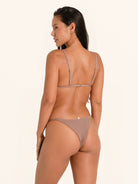 Stylish brown bikini top perfect for swimming and beachwear.