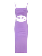 Stylish spaghetti strap purple dress with intricate lace details and a mermaid cut