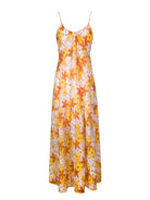 Summer floral maxi dress with spaghetti straps, perfect for vacation or resort wear.