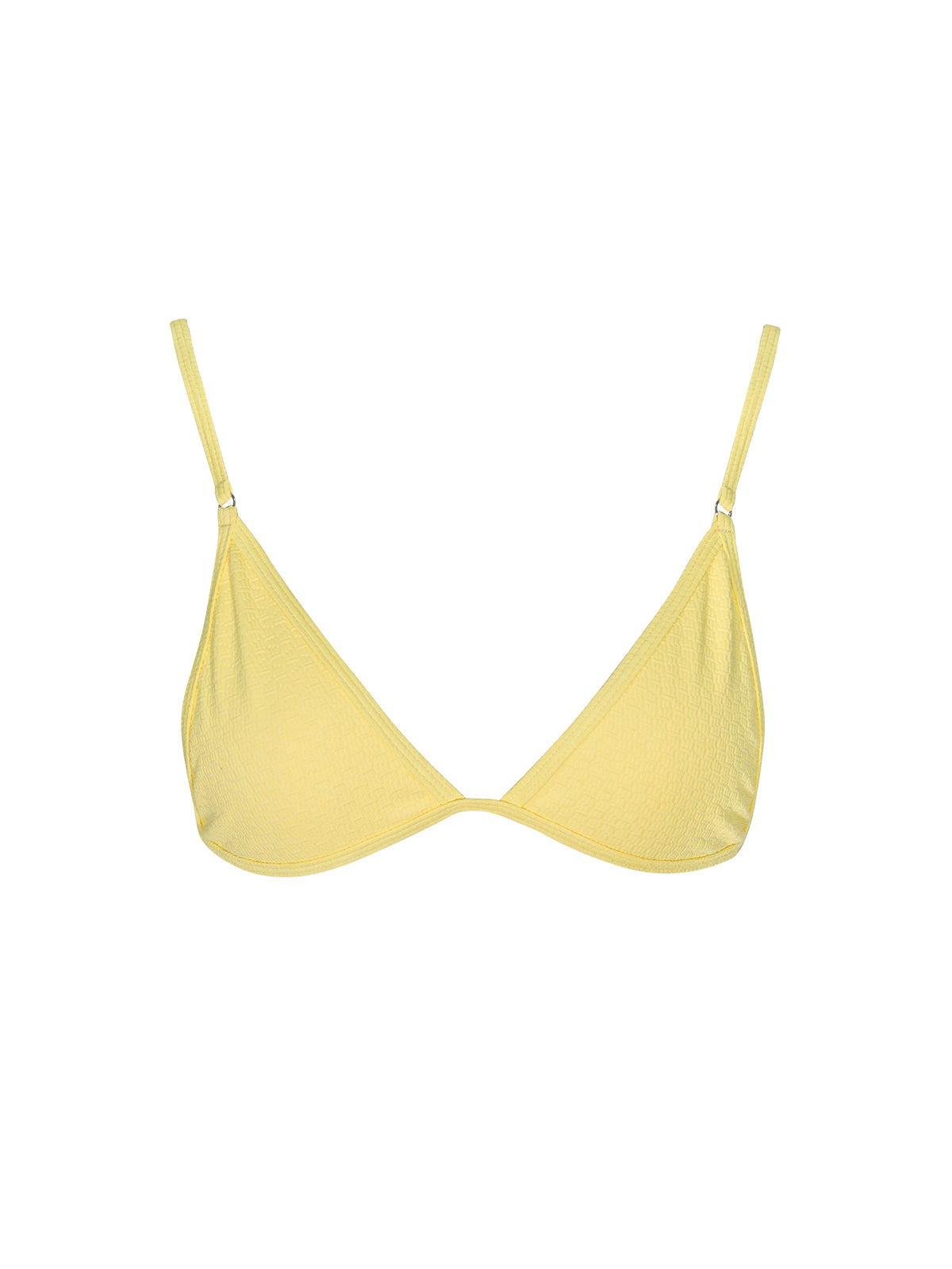 Sunflower-yellow triangle bikini top with adjustable spaghetti straps and removable padded cups, modeled on a tropical beach.