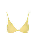 Sunflower-yellow triangle bikini top with adjustable spaghetti straps and removable padded cups, modeled on a tropical beach.