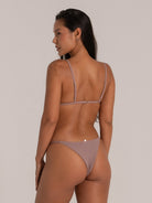 Back view of taupe triangle bikini top with adjustable straps