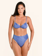 Textured blue bikini top with no wire, adjustable straps and sculpting fit.