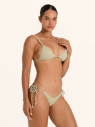 Textured sage green tie side bikini bottom for women.