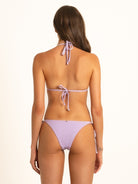 Back view of lilac textured triangle bikini top with tie closure at neck and back.