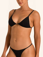 Side angle of black triangle bikini top with flattering fit and adjustable straps.