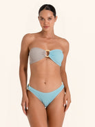 Two tone blue and grey bandeau bikini top with ring detail.