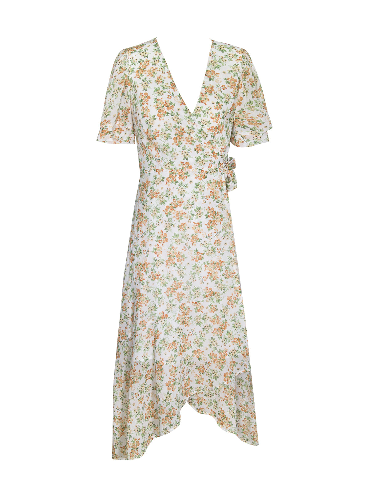 V-neck short-sleeve floral wrap dress with a fitted silhouette