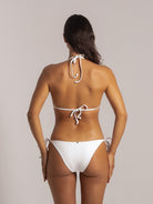 Full back view of white halter bikini – stylish swimwear with flattering cut