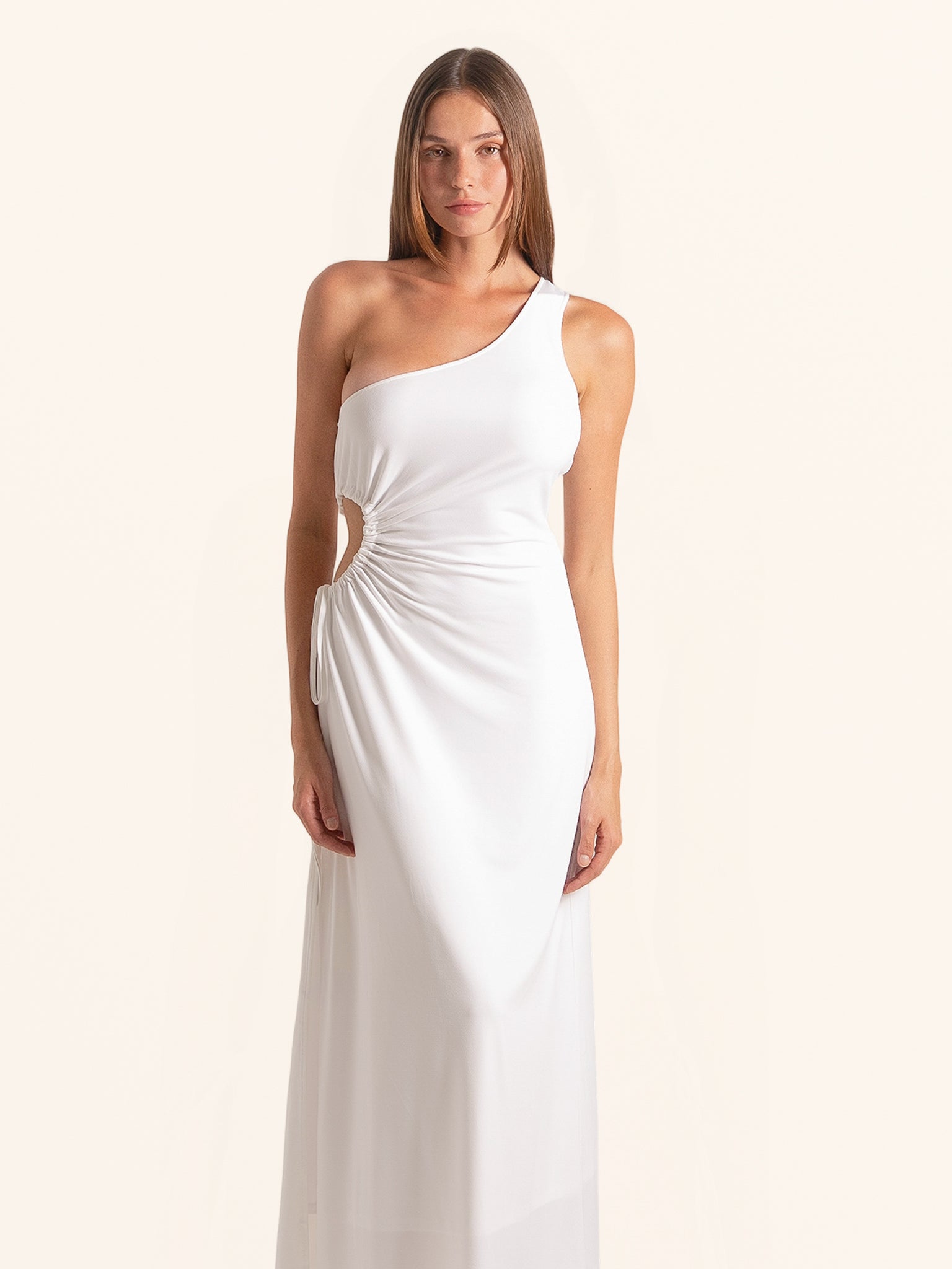 Front view of white one shoulder midi dress with side cutout