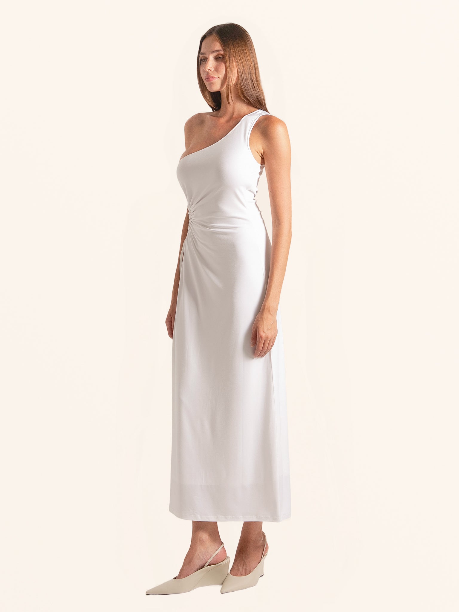 Side angle of white one shoulder midi dress with elegant fit