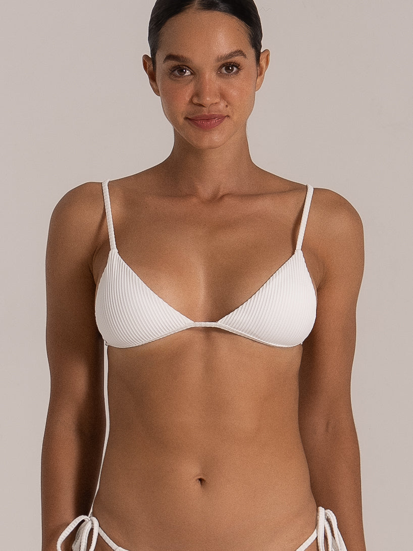 Front close-up of white triangle bikini top featuring ribbed fabric and minimal coverage
